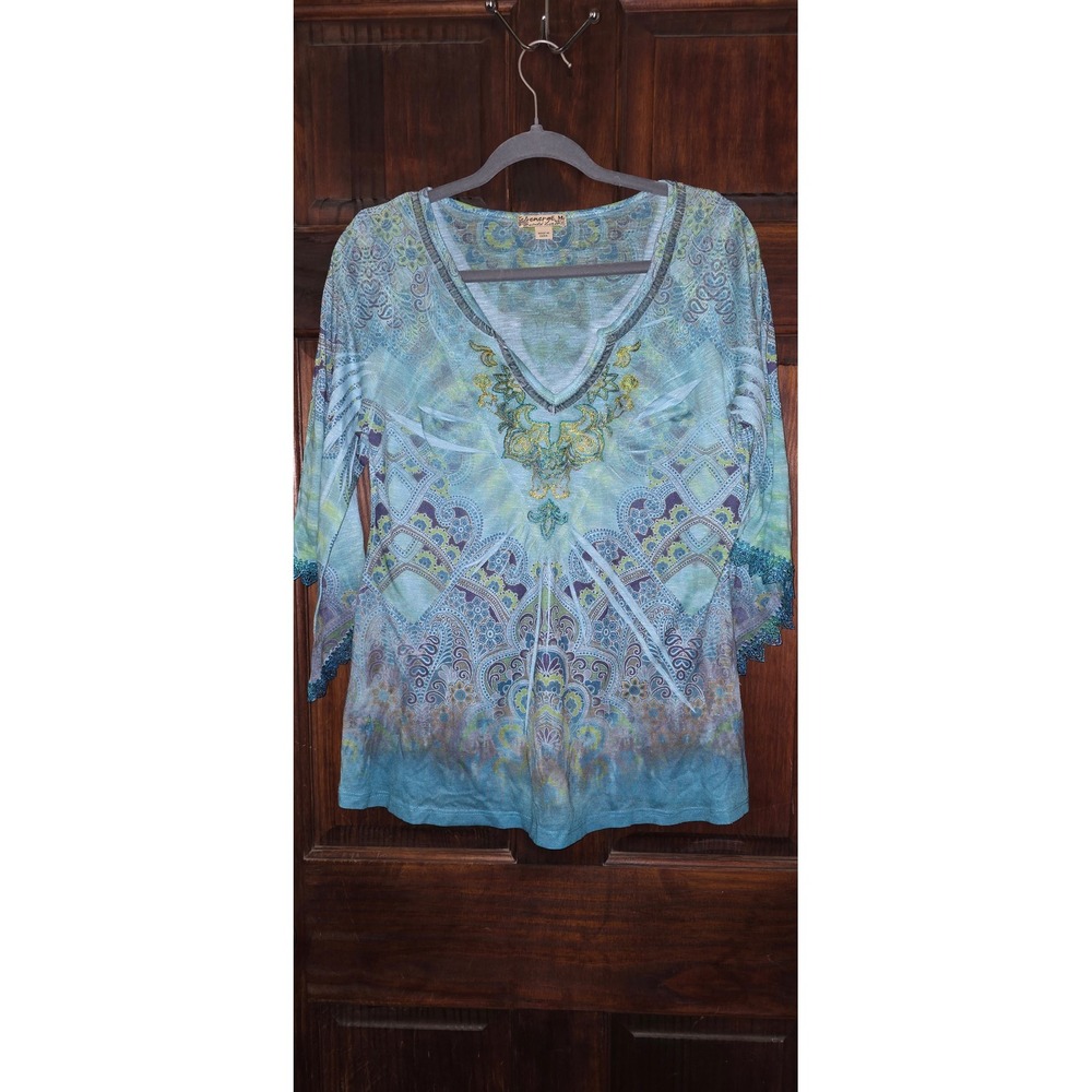 Energe World Wear Blue Green Paisley Embroidered V-Neck Bell Sleeve Top M